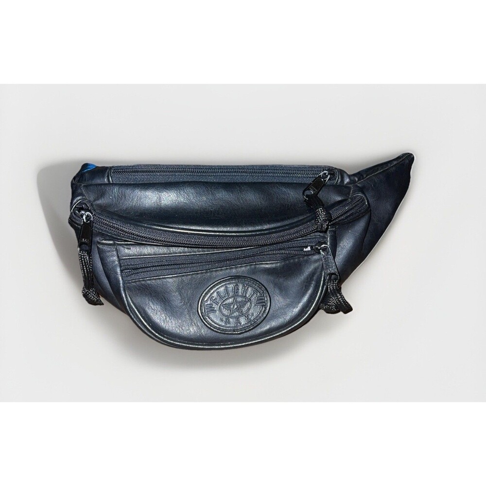 Vtg Black Faux Leather Fanny Pack Waist Chest Bum Bag Flight Pax 3 Pocket